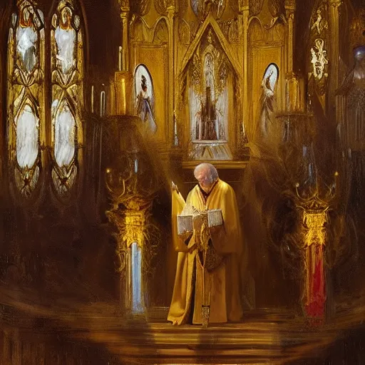 Image similar to ornate painting of a Catholic Priest in flowing golden vestments elevating the host over the alter, a portal to the sky opening behind him as a host of angels descend upon the pews, by Jeremy Mann and Jason Jenicke, detailed, realistic, loose brush strokes, intricate, beautiful, stylized, dramatic, incredible, sense of scale