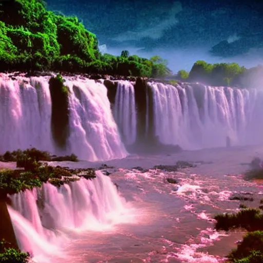 Image similar to iguazu falls, retrowave epic art, trending on art station