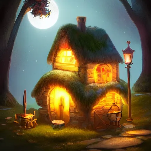 Image similar to cozy fantasy cottage at night, glowing with lamplight, amazing, trending on artstation