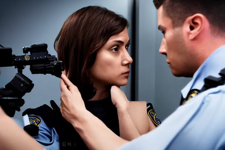 Image similar to vfx film closeup, police detective couple arguing in police precinct, over the shoulder shot, flat color profile low - key lighting award winning photography arri alexa cinematography, hyper real photorealistic cinematic beautiful natural skin, famous face, atmospheric cool colorgrade