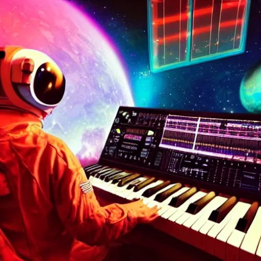 Image similar to an astronaut, using a synthesizer in a music studio, [ floating ]!!, synthwave art style, trending on cgsociety, golden ratio!!!, centered!!!