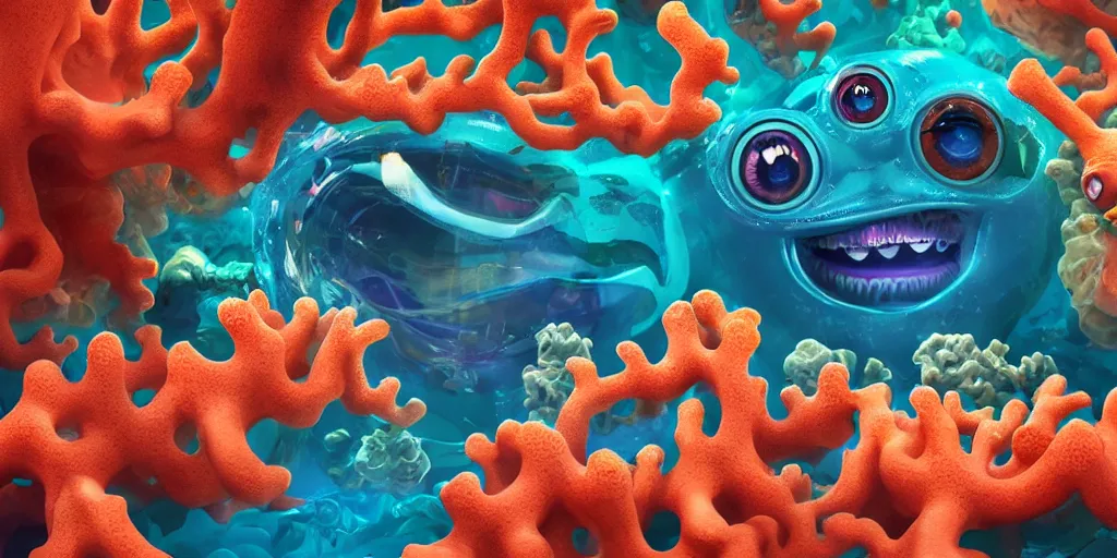 Prompt: of a colorful deep sea under water with strange cute friendly happy creatures with huge eyes, mouth, long tongue and round teeth appearing from sandy coral, in the style of gehry and gaudi, macro lens, shallow depth of field, ultra detailed, digital painting, trending artstation, concept art, illustration, cinematic lighting, photorealism, epic, octane render