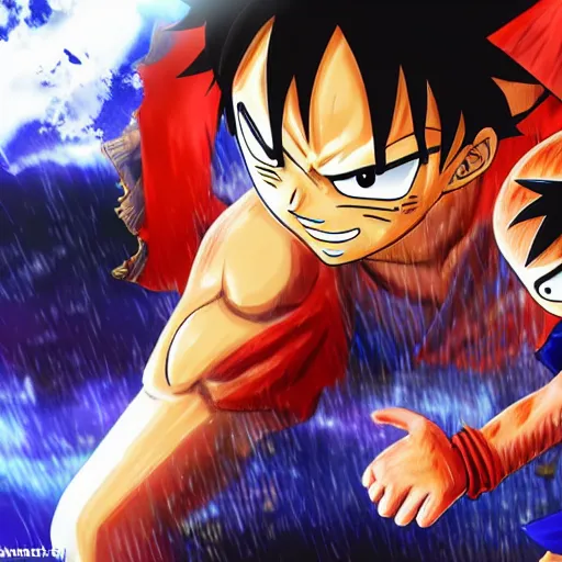 Prompt: luffy dapping up goku in the hood, hyper realistic, 4 k, ultra detailed, intricate, octane render, award winning, magazine spread,