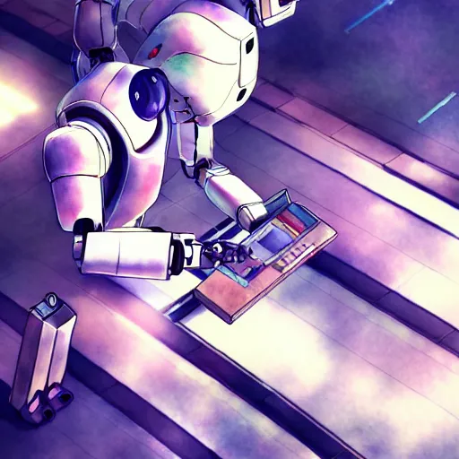 Image similar to a broken robot fixing itself, anime, pencil lines, light watercolour painting, pale sky, beautiful artwork, anime screenshot, tokyo