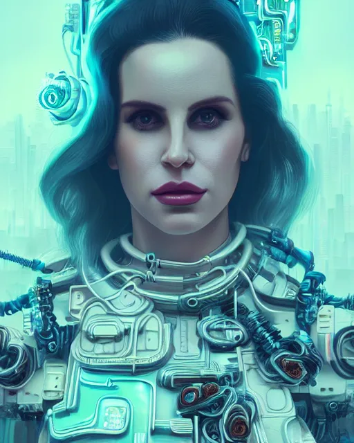 Image similar to portrait of lana del rey as a cyberpunk cyborg. roses, sci - fi, intricate abstract, upper body, intricate artwork, by tooth wu, wlop, beeple, dan mumford. concept art, 8 k octane render, deviantart, greg rutkowski, cinematic, key art, hyperrealism, iridescent accents