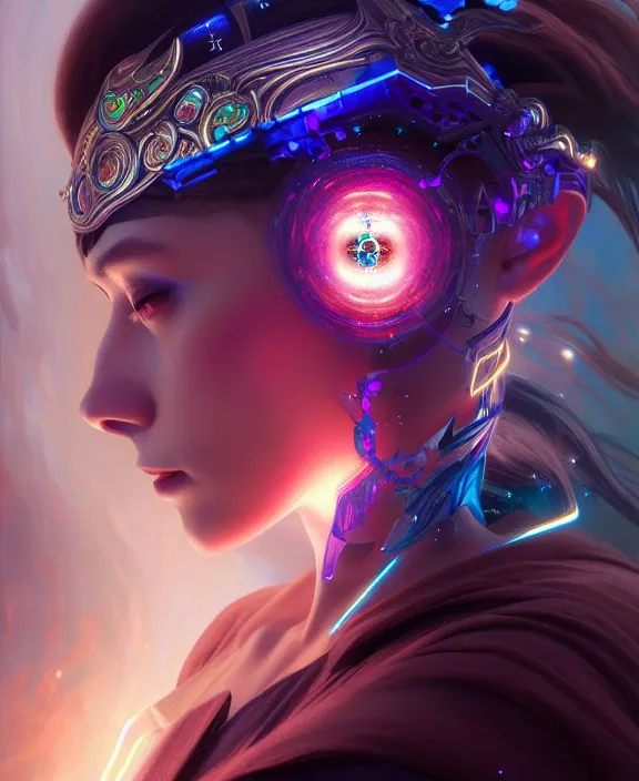 Image similar to a whirlwind of souls rushing inside the metaverse, half body, glowin eyes, tiara with sapphire, pharaoh, android, cyberpunk, d & d, fantasy, intricate, elegant, highly detailed, colorful, vivid color, digital painting, artstation, concept art, art by artgerm and greg rutkowski and alphonse mucha and ruan jia