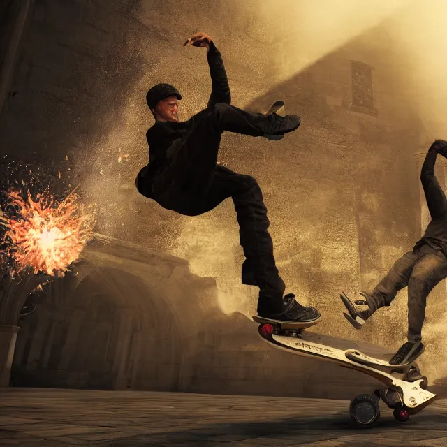 Image similar to tony hawk kick flipping over a boss in dark souls, dark cinematic, volumetric, realistic, cinematic lighting, ray tracing, unreal engine 5, unreal engine render, octane render, hyper realistic, photo, 8 k