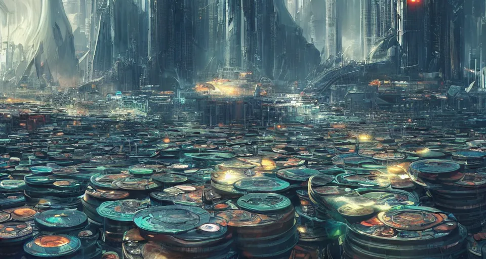 Image similar to hyper realistic sci - fi matte concept art painting of utopian paradise city made from giant stacks of disks, beautiful details, low angle, strong composition painted by andree wallin, smooth, intricate, detailed, sharp focus, cinematic