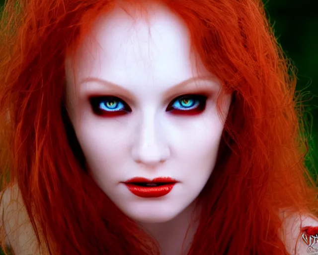 Image similar to award winning 5 5 mm close up face portrait photo of an anesthetic and beautiful redhead vampire lady who looks directly at the camera with bloodred wavy hair, intricate eyes that look like gems, and long fangs, in a park by luis royo. rule of thirds.
