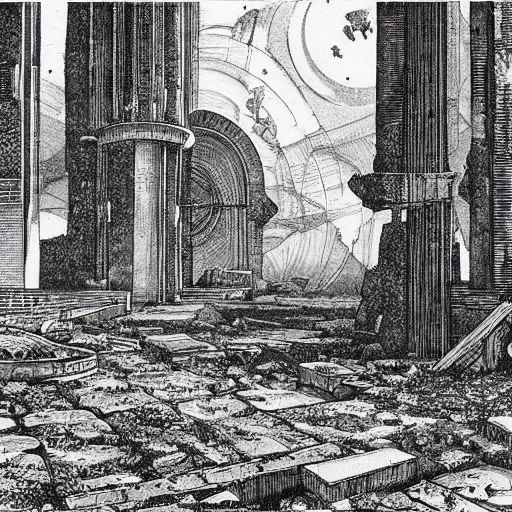 Prompt: abandoned ruins of interplanetary city etching by gustav dore lineart