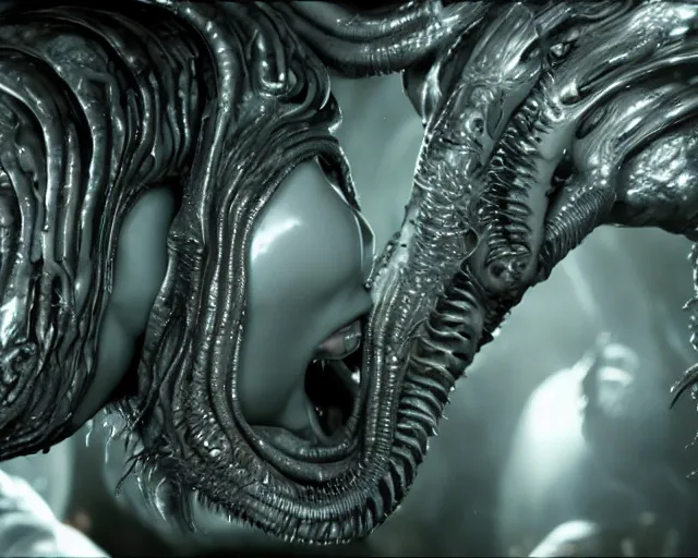 Image similar to film still of kim kardashian being licked by an xenomorph slathered in a transparent alien liquid, wet flowing hair, gooey skin, illustration, unreal engine 5, 8 k, directed by h. r. giger.