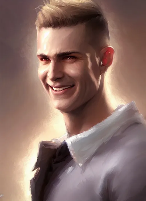 Image similar to a _ fantasy _ style _ portrait _ painting _ of white male short fringe light brown hair short face grinning clean shaven short head, rpg dnd oil _ painting _ unreal _ 5 _ daz. _ rpg _ portrait _ extremely _ detailed _ artgerm _ greg _ rutkowski _ greg