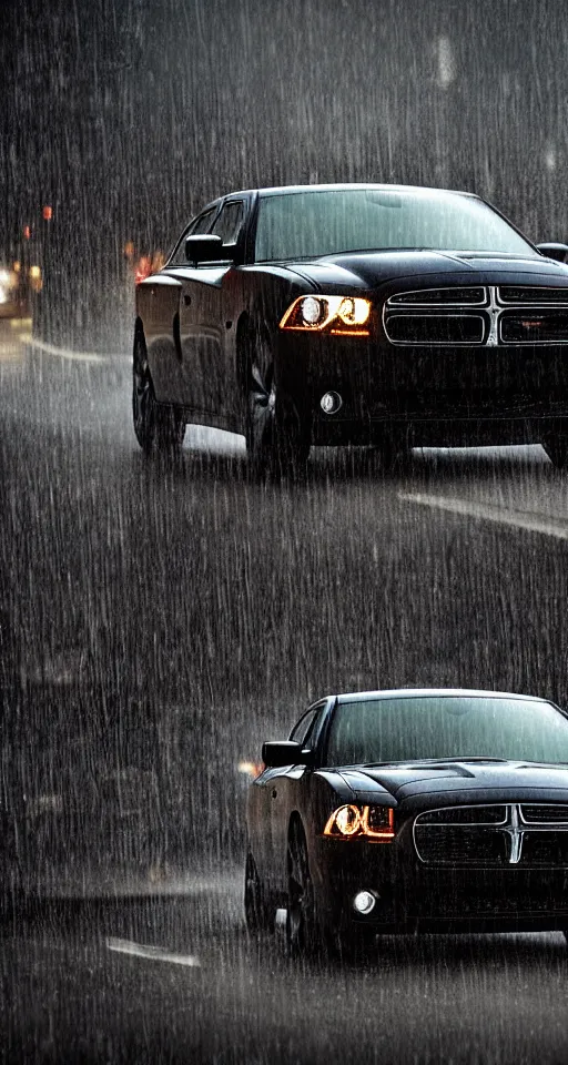 Image similar to photograph of a 2 0 1 1 dodge charger driving down a highway in the rain, dark, gothic, lovecraftian, hyperrealistic, 4 k, highly detailed,