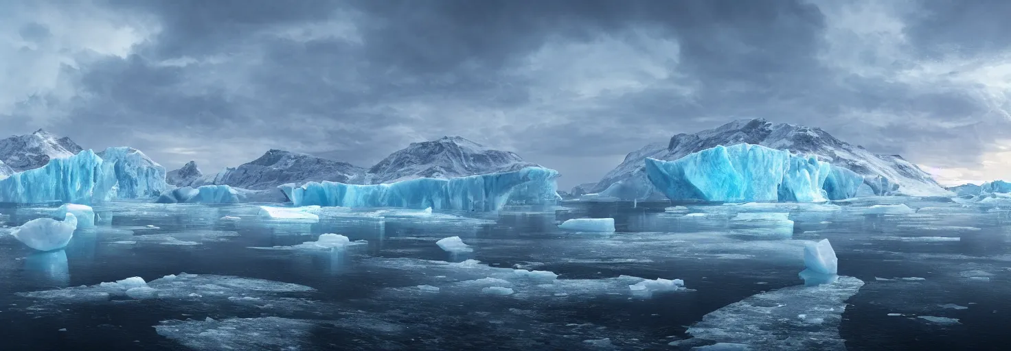 Image similar to Ocean Arctic with the ice cracking and icebergs by paul chadeisson, cinematic lighting, extremely detailed, ultra realistic, trending on artstation, 8K