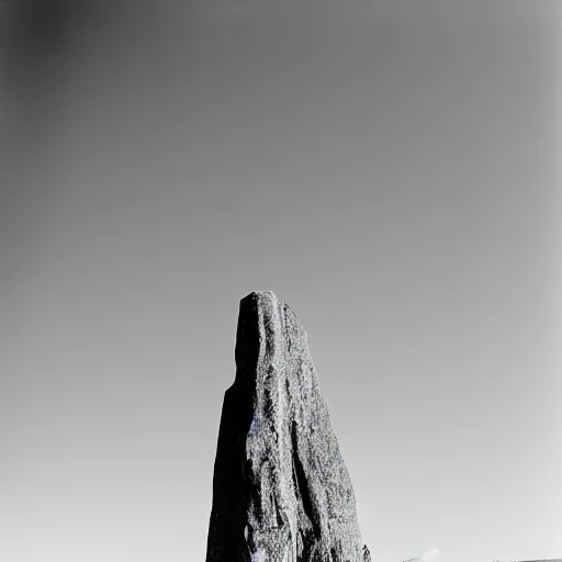 Prompt: [A man stands with his back to the camera looking up at a massive monolith], [the monolith has writings in an alient language carved into it], [Photography, Ilford HP5, Mamiya 645 AF 80mm f/2.8]