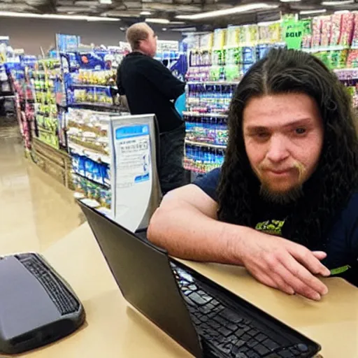 Image similar to “ long haired man with face tattoos working at walmart ”