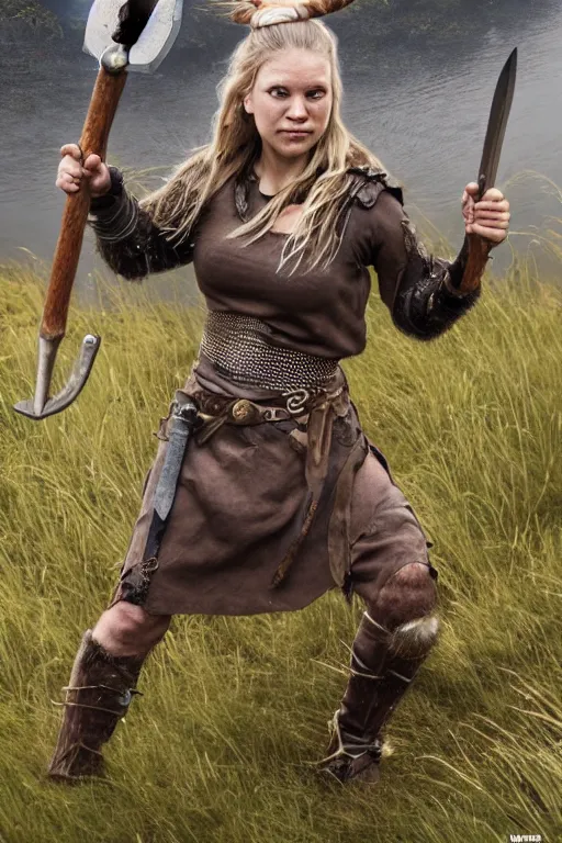 Prompt: female Viking warrior, dynamic pose, attacking with an axe. Illustration, poster art, filmic, swamp, sharp. 8k.