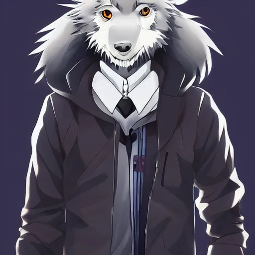 Image similar to key anime visual portrait of an anthropomorphic anthro wolf fursona, in a jacket, with handsome eyes, official modern anime art