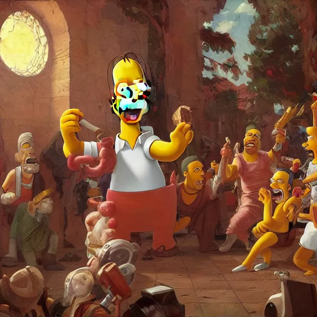 Image similar to homer simpson having a rap battle with julius caesar, elegant, intricate, digital painting, artstation, concept art, smooth, sharp focus, illustration, art by konstantin korovin and daniel f. gerhartz and john howe