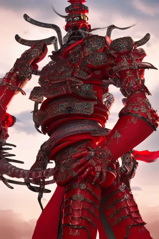 Image similar to full body portrait of a mechanical dragon samurai in red japanese armor, Records of the Three Kingdoms, Concept Art, ultra detailed, octane render, 8k, artstation