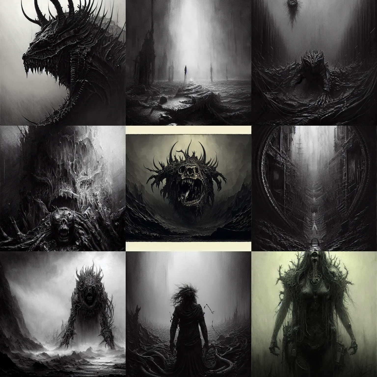 Prompt: Dark art, grungy, nightmare creature, hyperdetailed, artstation, trending on cgsociety, ultra high quality, golden ratio, intricate artwork masterpiece, black and white, by greg rutkowski, by Gustave Dore, 8k, High contrast