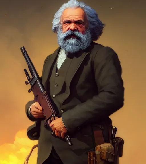 Image similar to highly detailed portrait karl marx with a rifle in gta v, stephen bliss, unreal engine, fantasy art by greg rutkowski, loish, rhads, ferdinand knab, makoto shinkai and lois van baarle, ilya kuvshinov, rossdraws, tom bagshaw, global illumination, radiant light, detailed and intricate environment