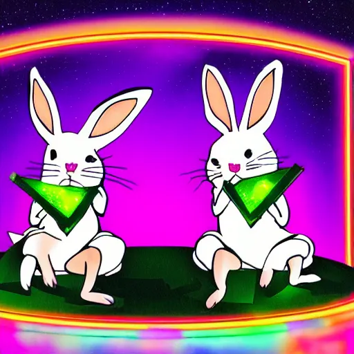 Image similar to two rabbits laying music on a stage with green and pink stage lights