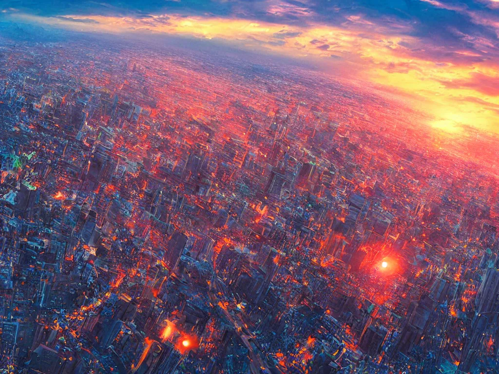 Prompt: birdseye view of a colorful sunrise over city surrounded by clouds, art by yoshitaka amano and alena aenami, cg society, cityscape