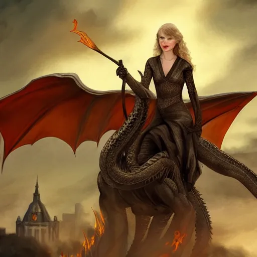 Image similar to taylor swift riding the dragon from game of thrones over the city of philadelphia, elegant, highly detailed, digital painting, artstation, concept art, smooth, sharp focus, illustration