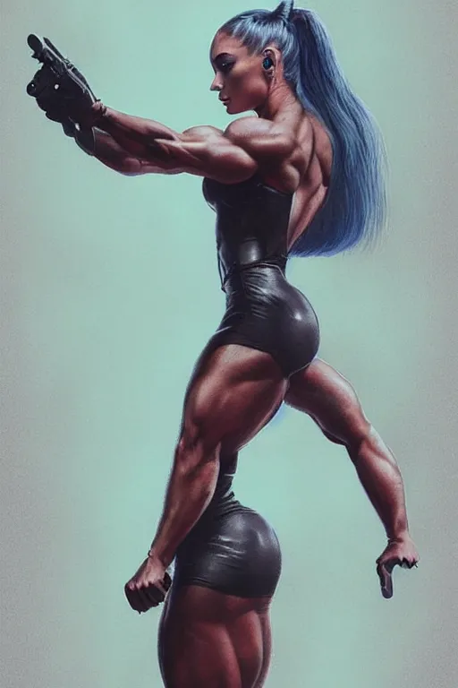 Prompt: body builder, extremely muscular ariana grande, in the style of johan grenier and john picacio and alan m. clark, trending on artstation, bioluminescence tilt - shift blade runner 2 0 4 9, crayon art, futuresynth, splash art, post - minimalism