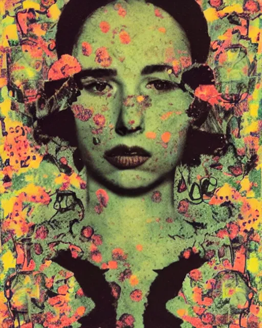 Image similar to nuclear annihilation, different women's faces, cut and paste collage, mutated flowers, burnt, soft glow, 1 9 8 0 s, hypnotized, gritty texture, radioactive, serene emotions
