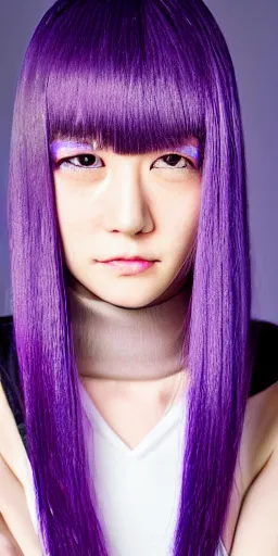 Image similar to a professional portrait of Kyoko Kirigiri, a young adult Japanese woman with long pale lavender hair with bangs, purple eyes, a mysterious expression, black gloves, symmetrical features, realistic 8k professional photography, midday lighting, mystery and detective themed, octane, volumetric lighting, 70mm