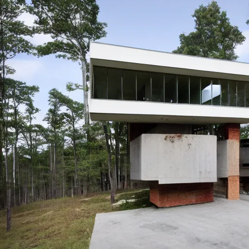 Prompt: second story cantilevered white brutalist elevated home on top of 2 large oblong piers