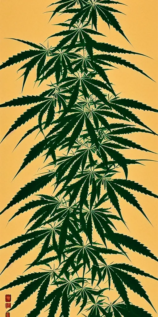 Image similar to A modern fine-art Chinese shanshui painting of cannabis tree with dank buds ready to harvest, full of amber trichome