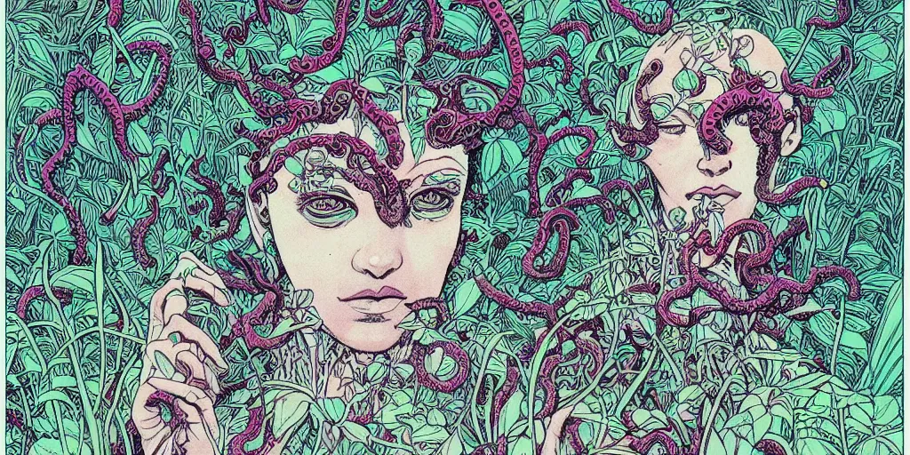 Prompt: risograph grainy drawing vintage sci - fi, antagonist girl, moebius color palette, face covered with plants and flowers, wearing futuristic scaphander with lot of vires and tentacles, exotic plants around and on the background, parking lot, painting by moebius and satoshi kon and dirk dzimirsky close - up portrait