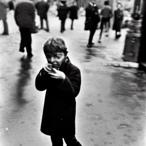 Prompt: the boy holding wine bottle in paris street, by henri cartier bresson,