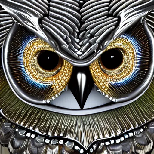 Image similar to bejewelled metal owl, highly detailed, 4k, HDR, smooth, sharp focus, hyper realistic, high resolution