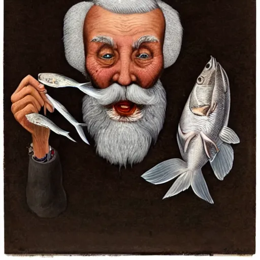 Image similar to old man with a beard full of fish, lowbrow surrealistic, in the style of mark ryden,