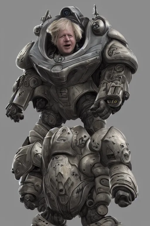 Image similar to portrait of boris johnson in starcraft terran marine power armor, concept art by wayne reynolds, high quality 3 d render hyperrealist very cute muted color fluffy! highly detailed, vray smooth, soft indoor light, low angle, uhd 8 k, sharp focus