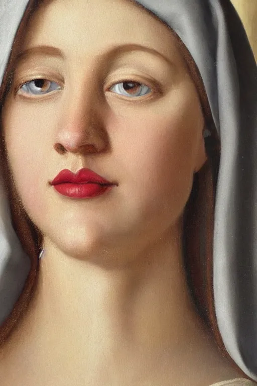 Prompt: hyperrealism oil painting extreme close-up portrait of young beautiful medieval nun, smeared lipstick, in style of classicism