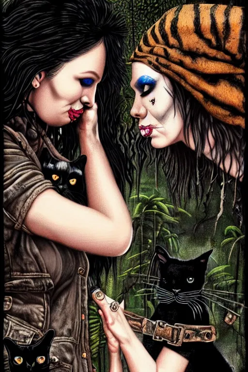 Image similar to punk rock girls kissing and making selfie with black cats in jungle , 1980 style, mad max jacket, post apocalyptic, Cyberpunk, renaissance, Gothic, mystic, highly detailed, digital painting, 4k, fog, oil painting by Leonardo Da Vinci, hyper realistic style, fantasy by Olga Fedorova