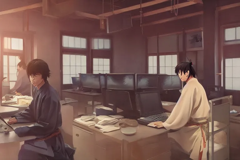 Prompt: japanese samurai working in a modern day office, late afternoon by tsviatko kinchev, makoto shinkai, linda wilder, cedric peyravernay, oil painting, ultra detailed