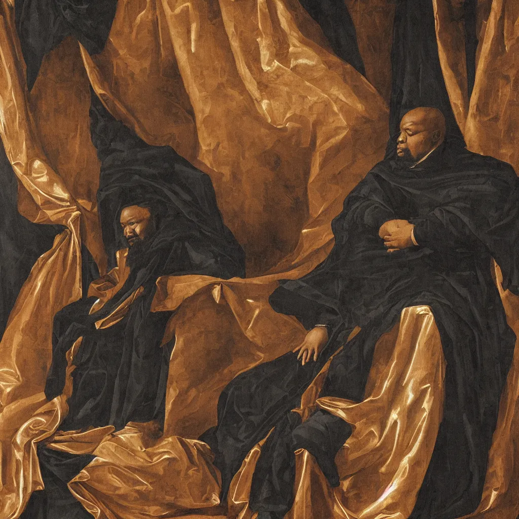 Image similar to Large black man sitting on throne wrapped in silk, background made of large folding curtains, dimly lit, dark, renaissance painting, style of carrivagio