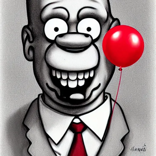 Prompt: surrealism grunge cartoon portrait sketch of homer simpson with a wide smile and a red balloon by - michael karcz, loony toons style, freddy krueger style, horror theme, detailed, elegant, intricate