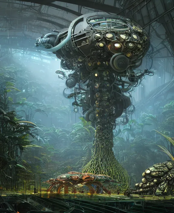 Image similar to a giant solid industrial plant made out of isopod wasp octopus, in the style of a strange exotic spaceship, overgrown with disturbing orchids, godbeams, partly cloudy, somber, dramatic lighting, by dan mumford, yusuke murata, makoto shinkai, ross tran, cinematic, unreal engine, cel shaded, featured on artstation, pixiv