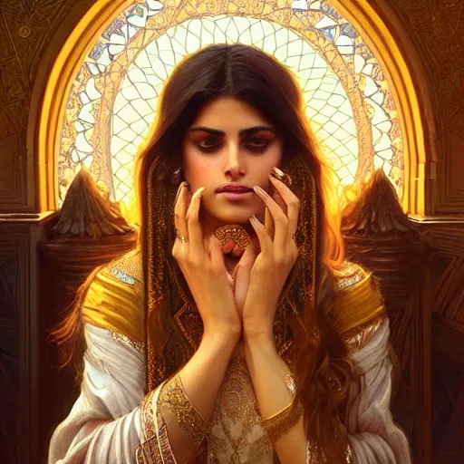 Image similar to Beautiful portrait of a Persian Princess who is an architect, beautiful princess, face painting, beautiful body, attractive, babe, dramatic lighting, intricate, wild, highly detailed, digital painting, artstation, concept art, smooth, sharp focus, illustration, art by artgerm and greg rutkowski and alphonse mucha, footage from space camera