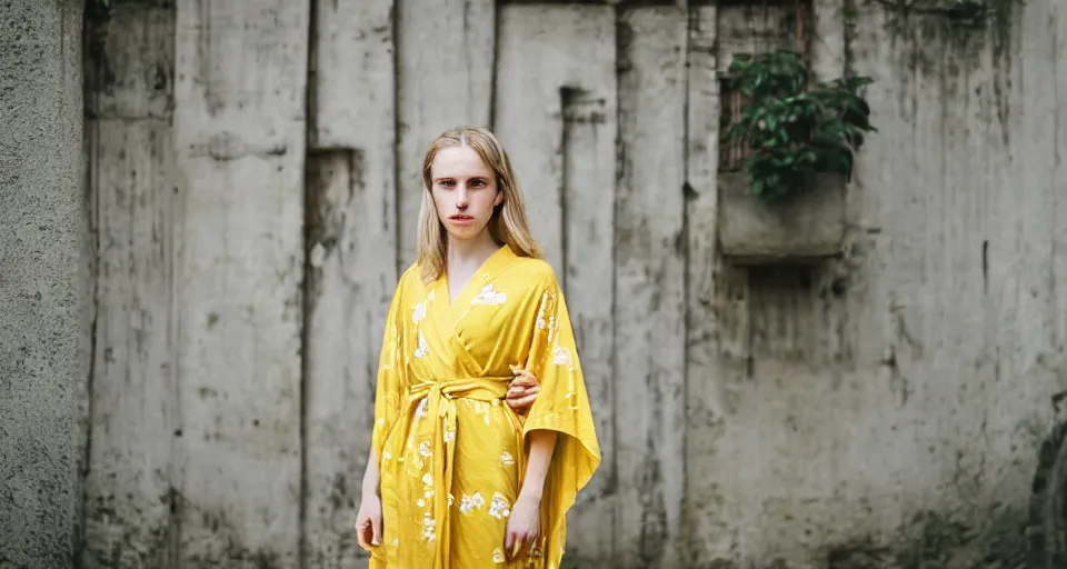 Image similar to Medium format portrait photography of a elegant young woman that look like Brit Marling wearing a yellow kimono in Palmehuset Copenhagen, Denmark, bokeh