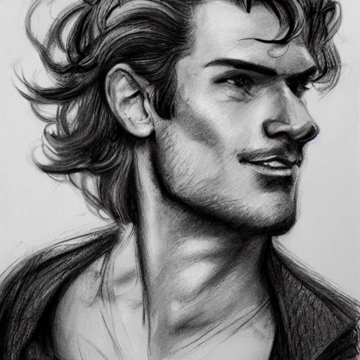 Prompt: a seafairing gay french man with a snooty smug smile, charcoal drawing, black and white, ink and paper, portrait, trending on artstation, behance, deviantart, drawn by tom lovell, artgerm, jsc, j. scott campbell