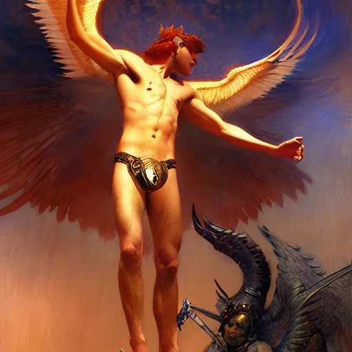 Image similar to attractive male lucifer morning star casting a spell summoning male demons, they rise from down bellow. highly detailed painting by gaston bussiere, craig mullins, j. c. leyendecker, 8 k