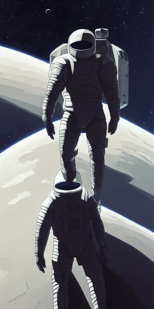 Image similar to a man with a futuristic white space armor walking out of a black spaceship on the moon, black spaceship, black spaceship, in the style of studio ghibli, j. c. leyendecker, greg rutkowski, artem